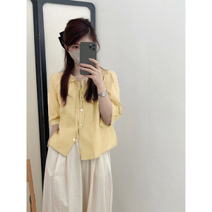 黄色短袖衬衫女夏季2024新款飘带蝴蝶结设计感别致不撞款衬衣上衣