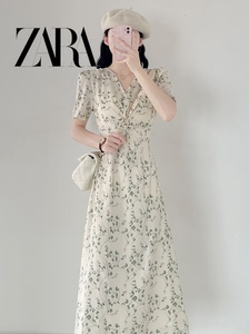 ZARA法式V领碎花连衣裙女2024新款夏季小个子收腰显瘦花色长裙子