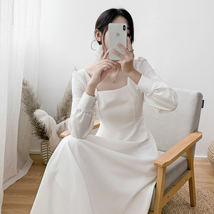 白色长袖连衣裙春秋2024年新款桔梗法式仙女气质内搭方领过膝长裙