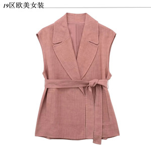 19区欧美女装 春季新款配腰带中长款烟粉色西装马甲女式外套 8547