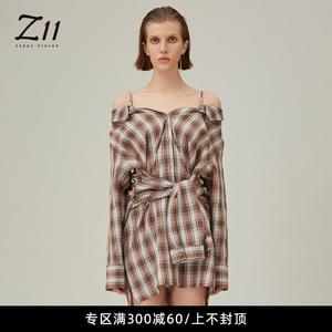 Z11女装夏季新款休闲系带一字领露肩复古格子衬衫裙连衣裙H115