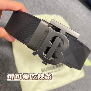 博柏利/Burberry 格纹拼皮革TB搭扣 炭灰色 男款 双面腰带3.5CM