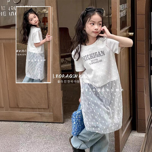 波拉亲子BORAQIN韩国童装2024夏儿童假两件字母网纱裙纯色短袖T恤