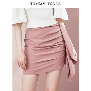 糖力2019春装新款气质皮粉色高腰显瘦不规则褶皱荷叶边半身裙