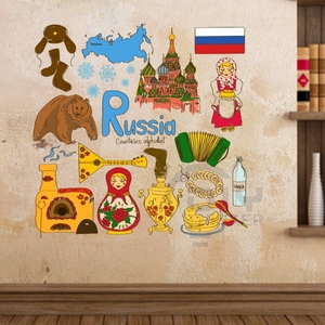 俄罗斯复古怀旧涂鸦艺术卡通插画背景墙贴纸橱窗客厅卧室装饰贴画
