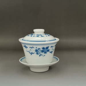 湖南陶瓷群力老瓷器釉下彩90年代蓝海棠功夫茶碗三才盖碗陶瓷清仓