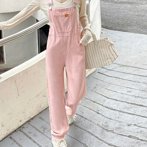 韩版新款粉色牛仔背带裤女春秋季原宿风宽松小个子洋气减龄裤子潮