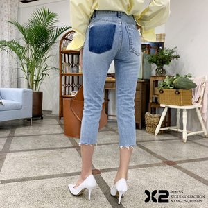 Q 韩国东大门代购 X2ins时尚口袋做旧破洞修身显瘦直筒七分牛仔裤