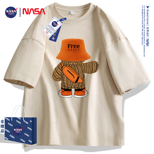 NASA联名背包熊卡通印花简约休闲纯棉短袖T恤男女士同款半袖衫潮i