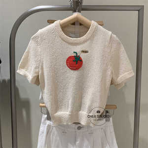 UR&BM2024夏季新款甜美创意圆领刺绣卡通短袖短款针织衫T桖上衣女