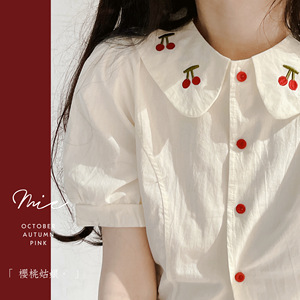 【安妮日记】樱桃荷叶领。古典中式扣子复古刺绣纯色纯棉短款衬衫