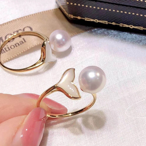 DIY珍珠配件 925银珍珠戒指空托 K金版鱼尾指环托 配8-10mm圆扁珠