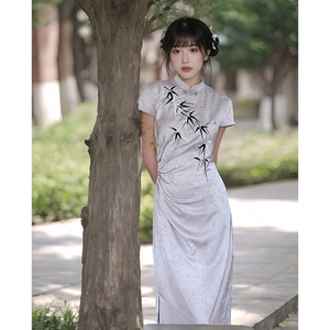 【竹影】新中式竹子改良旗袍连衣裙上衣立领刺绣显瘦中长款提花