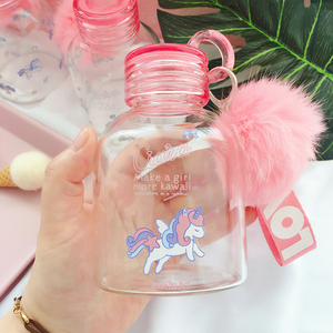 创意独角兽粉色毛球带盖随手随身杯少女心玻璃水壶迷你杯子 水杯