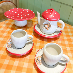 HoneyMee可爱红蘑菇陶瓷下午茶具套装松鼠咖啡杯碟创意卡通花茶壶