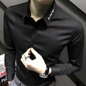 2024男士长袖条纹衬衫韩版修身刺绣黑色衬衣商务免烫休闲短袖衣服