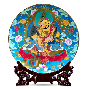 西藏唐卡黄财神佛像摆件景德镇陶瓷装饰盘中式家居客厅玄关装饰品
