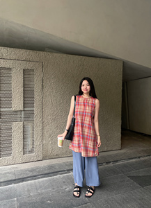 SOOLX黎 韩国原单夏季无袖格子衬衫连衣裙韩系设计感小众中长裙