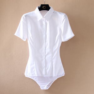 短袖白色衬衫女士翻领2023夏天新款职业气质连体衬衣女棉料白寸衫