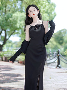 黑色吊带连衣裙女设计感法式哺乳期小礼服显瘦长裙开衫两件套哺衣