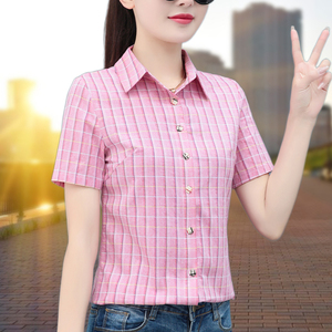 女士短袖格子衬衫夏季新款韩版女装显瘦纯棉衬衣妈妈百搭半袖上衣