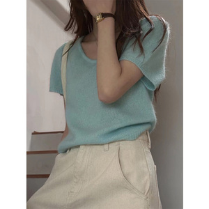 韩版洋气浅绿色短袖慵懒风毛衣针织衫女2023年新款上衣设计感小众