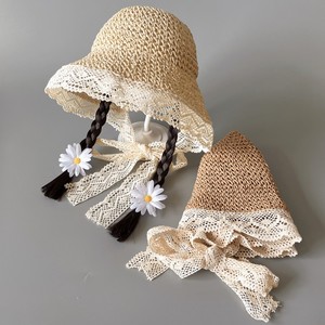 儿童草帽夏季遮阳防晒蕾丝蝴蝶结帽子婴儿假发公主可折叠沙滩帽女