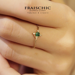 Fraischi「结香」18K黄金天然祖母绿钻石链条戒指 绿宝石戒指环女