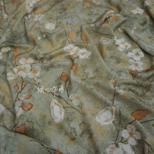 质感油画艺术折枝中式花平纹芦荟棉布料细腻人造棉绸真丝棉面料