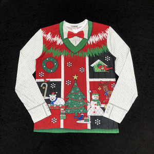 圣诞节男士3D立体印花圆领长袖创意T恤仿真衬衫领结毛线马甲套装