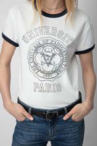 法式设计 24新 精致字母数码印花烫钻 领口袖口撞色 白色短袖T恤