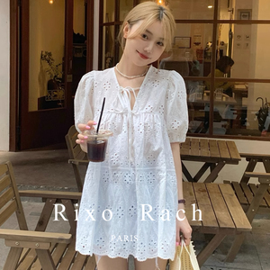 Rixo Rach法式蕾丝绑带连衣裙V领短袖设计感娃娃衫小个子短裙女