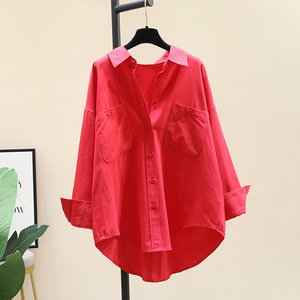 红色衬衫女外套2024春季新款韩版宽松双口袋长袖衬衣开衫外穿上衣
