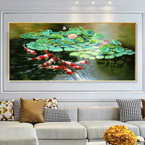 新中式荷花九鱼图客厅手绘油画现代简约轻奢年年有余锦鲤沙发挂画