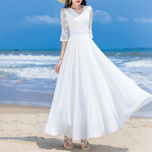 2024夏季超仙时尚高级感蕾丝连衣裙修身显瘦沙滩度假真丝大摆长裙