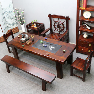 老船木茶桌椅组合实木小茶台一桌五椅家用茶几家用小型办公泡茶桌