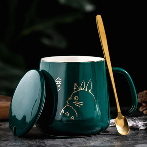 新品爆款可爱卡通龙猫水杯子轻奢带盖勺陶瓷马克杯咖啡杯礼品茶杯
