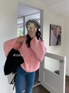 【现货】SARA韩系v领系扣毛衣背心开衫两件套88987粉红杏色针织衫