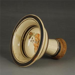 宋磁州窑手绘人物纹高足杯高脚杯古玩古董陶瓷做旧仿古瓷器摆件
