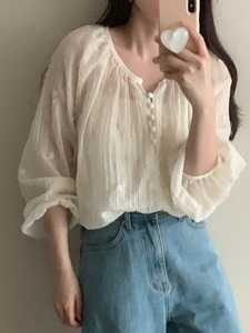 韩国chic夏日甜美花朵刺绣小排扣V领灯笼袖雪纺衫女套头衬衫上衣