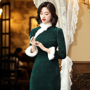 朵拉芭娜祖母绿冬季旗袍2023年新款女装复古中国风日常改良连衣裙