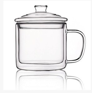 创意双层隔热玻璃杯子耐热带盖带把水杯咖啡杯透明复古大口大茶缸