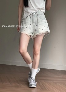 KAKAMEE夏季 韩式发泡质感重工设计感纽扣毛边辣妹显瘦牛仔短裤女