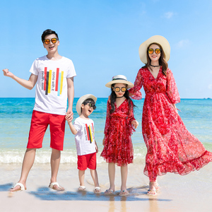 沙滩红裙情侣装度假连衣裙普吉岛三亚海边旅游蜜月套装母女亲子装