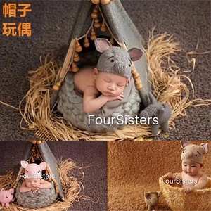 新款小猪宝宝满月拍照服装婴儿百天摄影服饰儿童小猪帽子玩偶组合