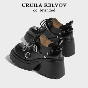 URUILA RBLVOV 鞋子女2024新款秋冬黑色小皮鞋英伦风厚底增高单鞋