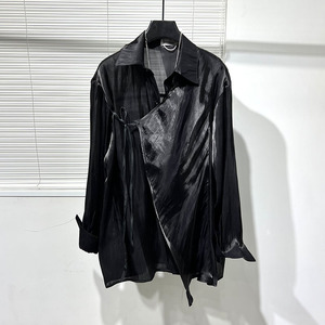新款原创暗黑系时尚设计师斜边扣轻薄复古衬衫假两件男女小众衬衣