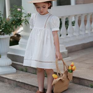 女童白色连衣裙2023夏季新款儿童打褶蕾丝边裙子女宝宝法式公主裙