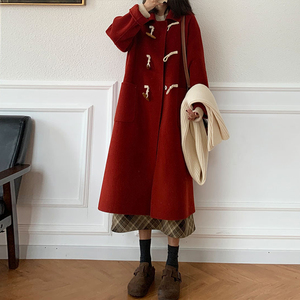 红色牛角扣双面羊绒大衣女2024春秋季新款小个子毛呢外套韩系呢子