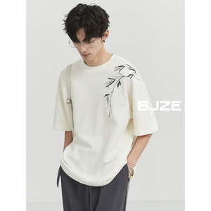 BJZE男装夏季设计感 新中式国风刺绣男短袖T恤宽松韩版圆领体恤衫